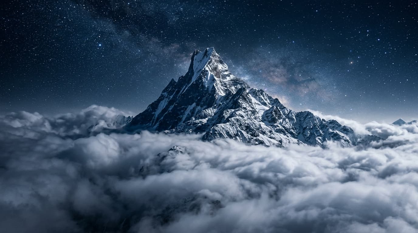 Majestic Himalayan snow peak above clouds under starry night sky